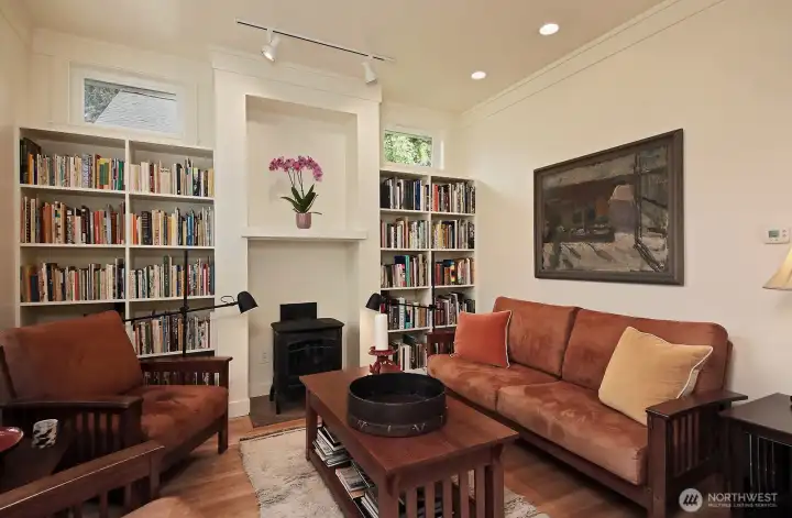 Built-in shelving adds warmth and architectural interest.