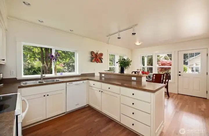 Natural light brightens the kitchen throughout the day.