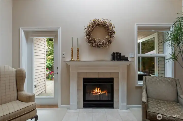 Closeup of fireplace.