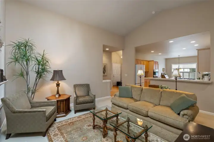Great room extends from living area to kitchen & nook area beyond.