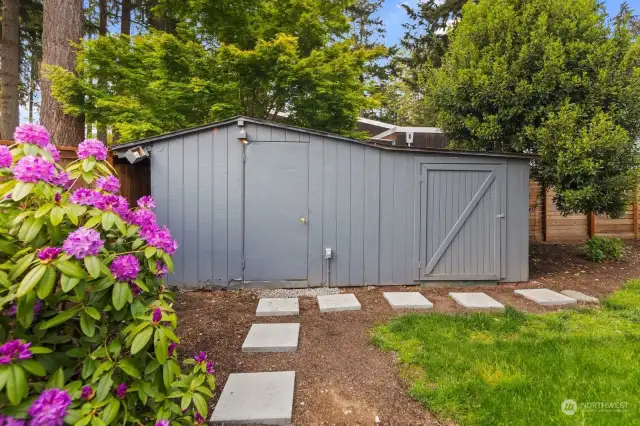 Explore the backyard shed with two compartments: one large, perfect for conversion into an office or workspace, and one small for storing mowers and equipment. Complete with electricity, this versatile space offers endless possibilities for your outdoor needs.
