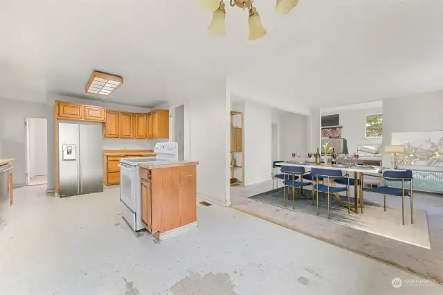 Virtual Staging showing the kitchen and dining area.