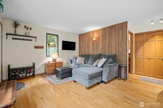 Oak hardwood floors were reclaimed from a nearby home renovation.