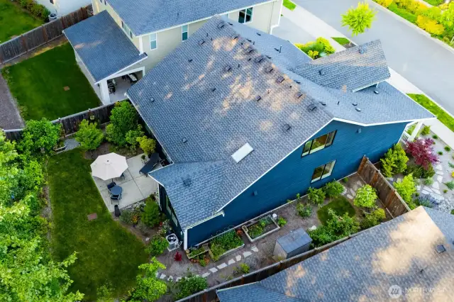 Side yard with manicured gardens and shed