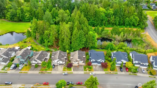 Behind the townhomes you'll find ponds, paths, and the golf course.