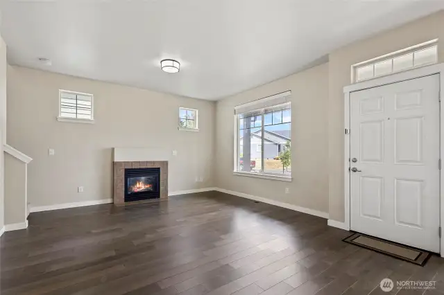 Notice windows, gas fireplace and entry door to the right