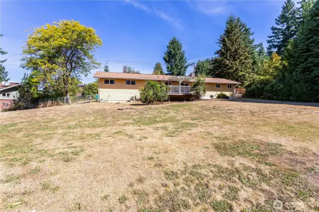 From this view, you can see how the deck overlooks the expansive backyard. It’s a space meant to be enjoyed—big enough for gatherings, yet private enough for quiet evenings. The surrounding trees and open sky give it a park-like feel, perfect for embracing the outdoors at home