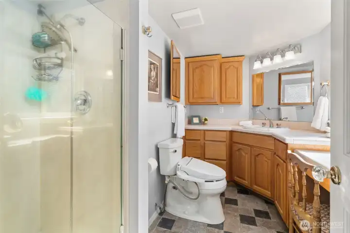 Vanity area with the natural light allows for much counter space and a great space to get ready