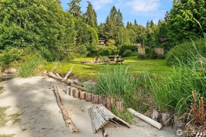 The meadow and beach are shared by eight homes.