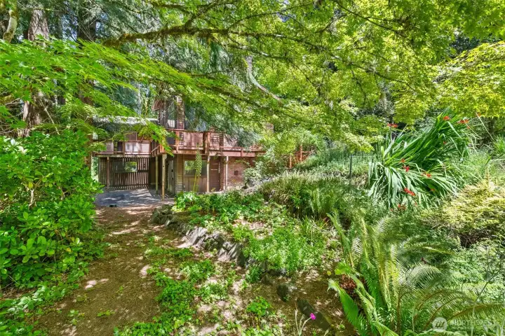 The landscaping is natural and easy to maintain.