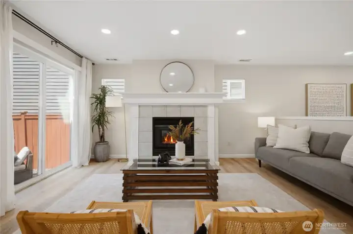 Gather around the cozy gas fireplace.