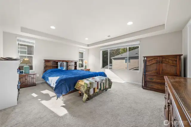 Tranquil Primary Suite – Extra-large with a tray ceiling and abundant windows for air flow and natural light.