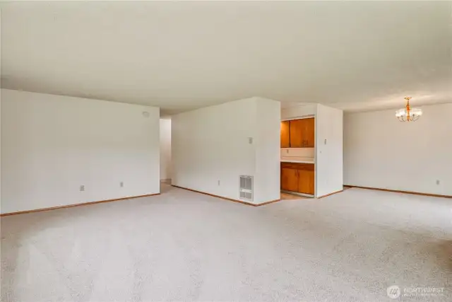 Living room looking toward dining and hallway