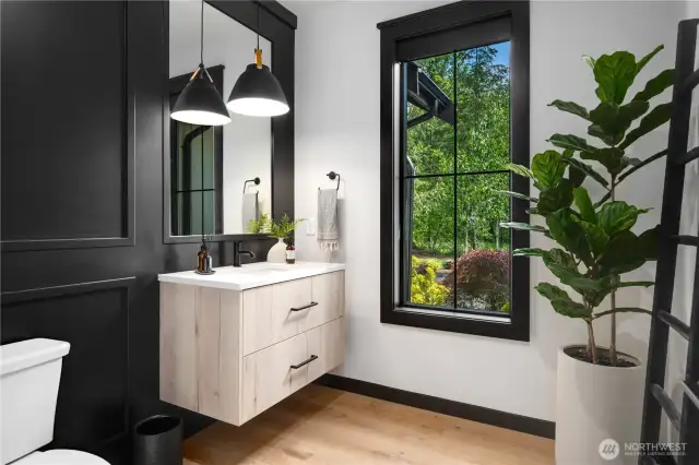 first floor powder room, floating cabinets