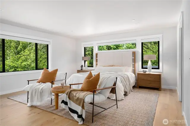 Upstairs primary, custom lutron motorized shades most all rooms