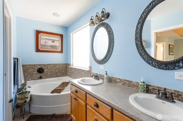 Primary one bath has double sinks, a large soaking tub, separate shower & commode, plus a large walk-in closet.