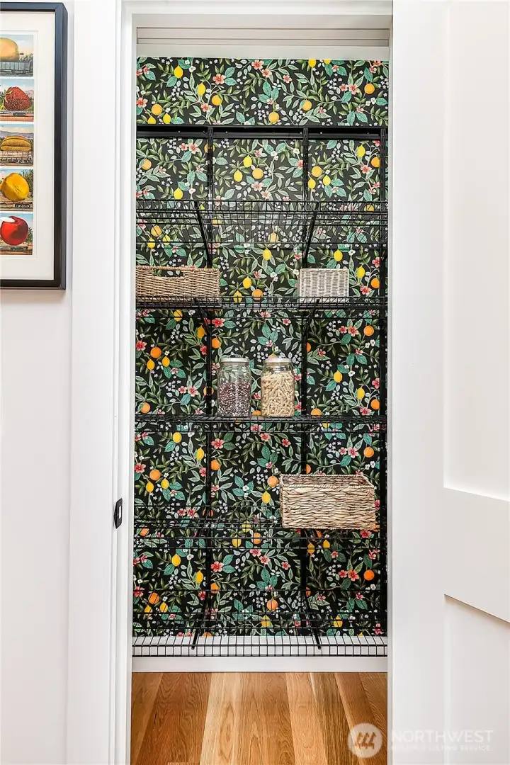 Custom wallpaper in walk-in pantry.