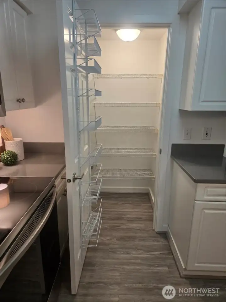 Extra large pantry in the kitchen ready for your meal planning and costco runs