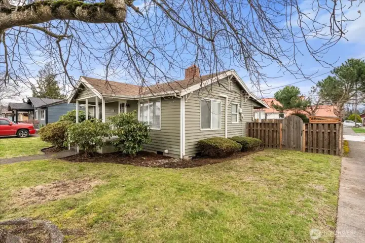 Mature shrubs and colorful flowering plants add charm and curb appeal to the front yard.