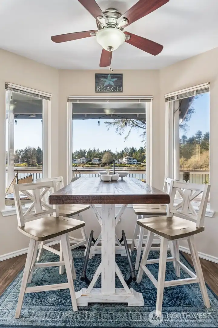 Breakfast table with lake views from the bay window.