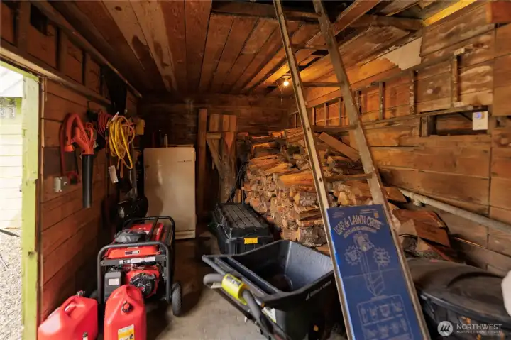 A dedicated storage shed offers flexible space for gear, tools & firewood.