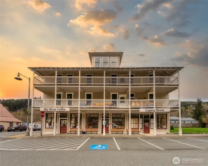 Set among the historic buildings of Skykomish. Being within City limits provides sense of community and accessibility that remote cabins lack.