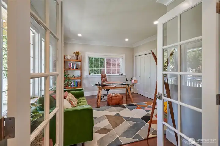 French doors lead to the home office