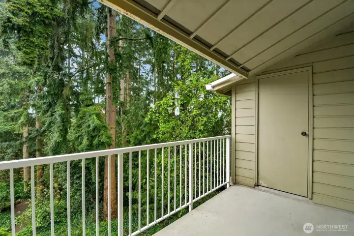 Spacious covered deck with additional storage, overlooking a peaceful, tree-lined setting.