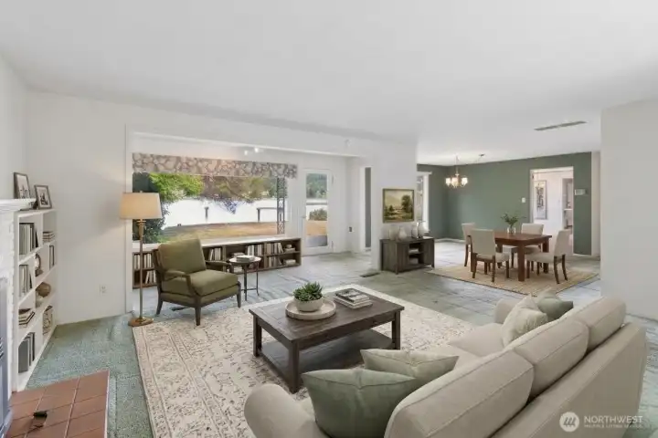 Living room with bonus area flowing to dining room. Digitally staged.