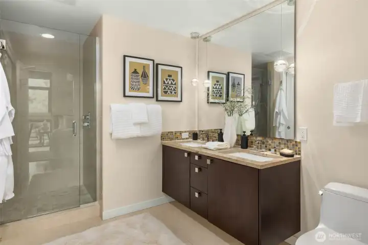 Tons of space in this oversized ensuite bathroom with dual sinks & spacious shower Tons of space in this oversized ensuite bathroom with dual sinks & spacious shower