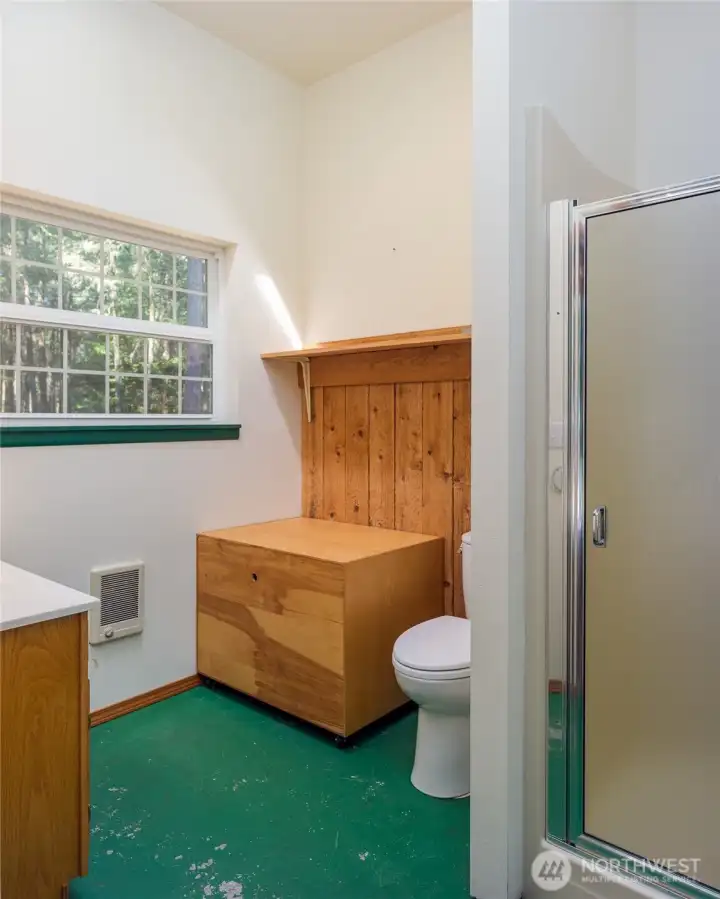 Shower and toilet in bath on left.