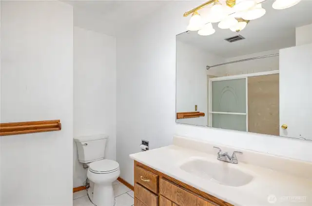 Spacious full bathroom upstairs with skylight bring in extra natural light.