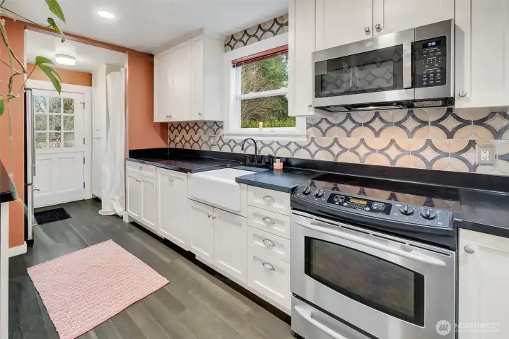 Galley kitchen has plenty of storage