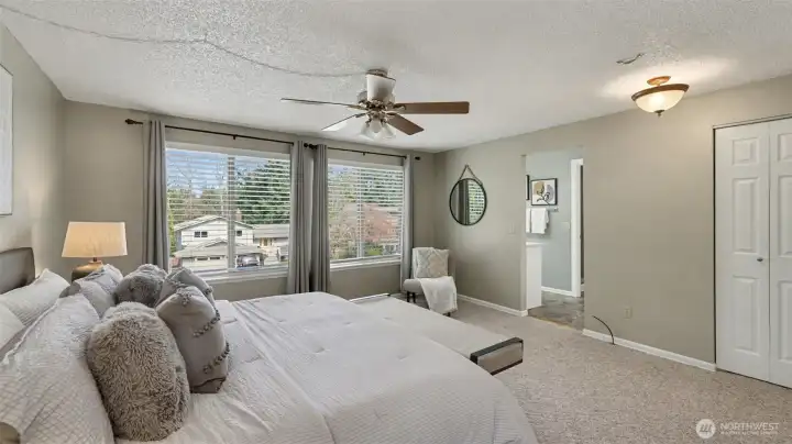 Custom blinds and 3 closet spaces.