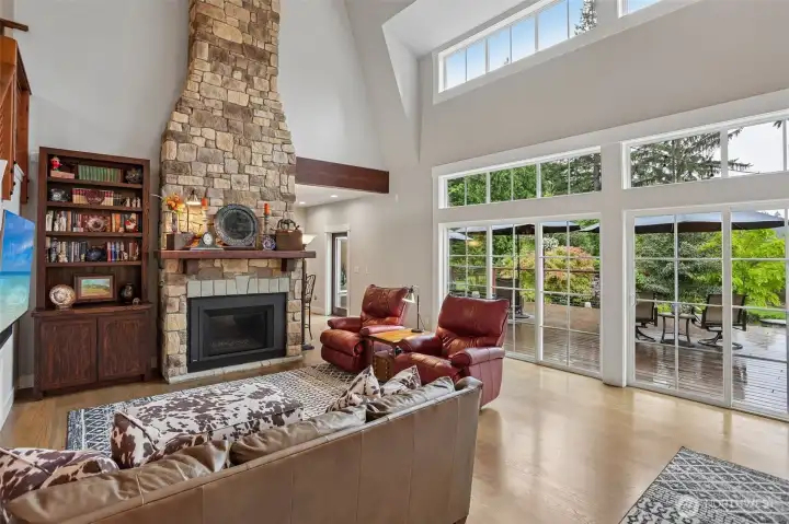 gas fireplace with reclaimed lumber mantle