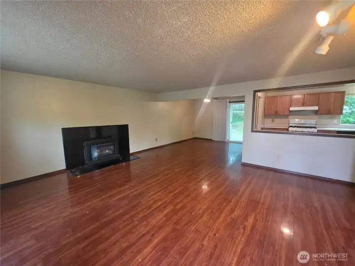 Family room with view of kitchen