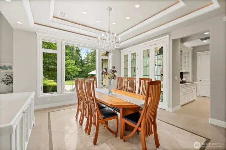 Lighted Coffered Ceilings and Built-in Hutch add Charm & Delight to the Dining Room Lighted Coffered Ceilings and Built-in Hutch add Charm & Delight to the Dining Room