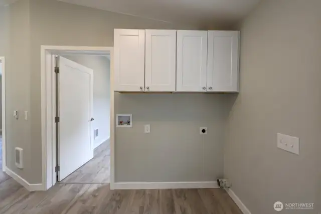 Plenty of room in this laundry located centrally to the bedrooms, bathroom and back door with handicap ramp. The doorway goes to bedroom #2.