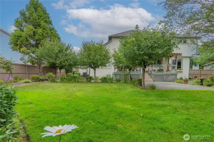 Step into a lush garden filled with vibrant flowers and fruitful trees—a perfect blend of beauty and bounty where you can relax, play, or even harvest your own fresh produce.