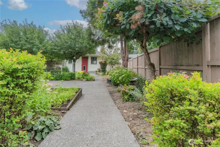 A paved pathway from the side gate leads to the backyard, giving easy access to the shed and a versatile space for RV parking or a dog run.