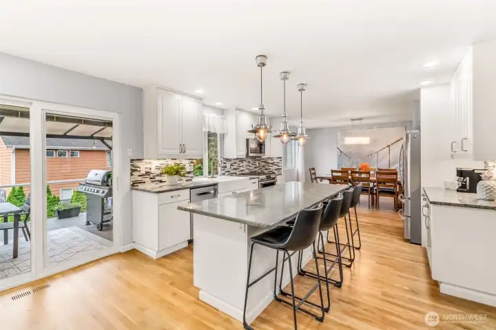 Kitchen with slider to the fabulous deck