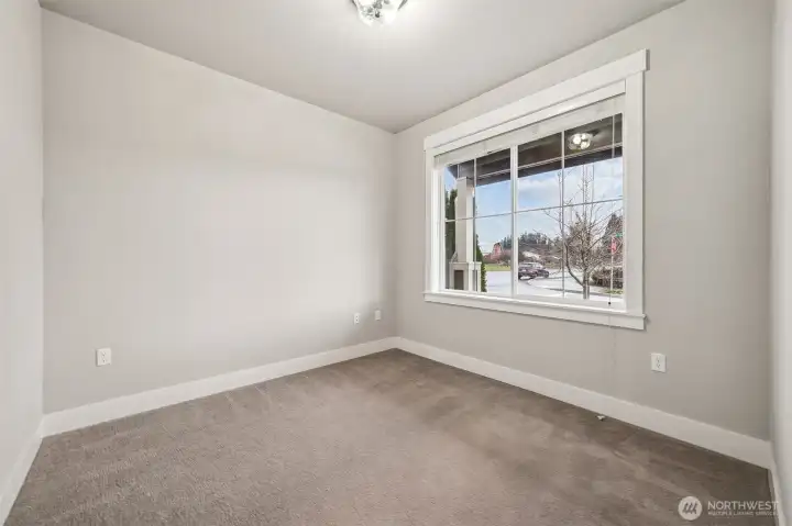 Wall to wall carpet, windows with grids