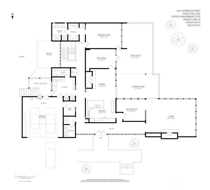 Floor Plan – Upper Levels  Illustrates primary living spaces and upper primary bedroom.