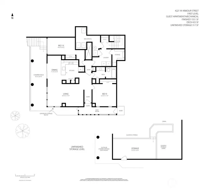 Floor Plan – Lower Level  Shows private access, storage areas, and apartment layout.