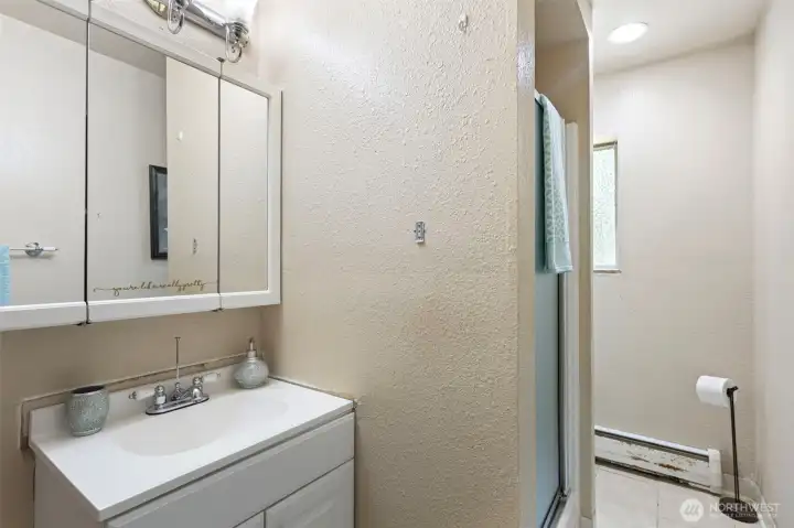 Lower level 3/4 bath — vanity, shower, window. Does its job. Functional, original, yours to improve.