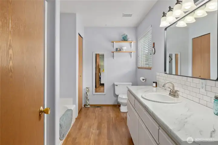 Updated primary bath with generous space. Updated primary bath with generous space.