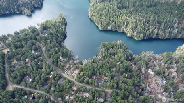 Drone arial neighborhood and partial lake