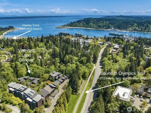 Location, location, location! Vineyard Lane’s location is exceptionally convenient – only 1/2 mile to the Seattle ferry and Winslow Way, and also offering access to multiple public waterfront areas to the south (Hawley Cove labeled here).