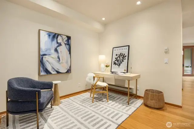 This pleasant, flexible space is large enough that past owners have used it as a combo media/guest space. It also makes a nice home office, with your work tucked out of sight at the end of the workday Some owners have added a Murphy bed – a very affordable option that provides added flexibility.