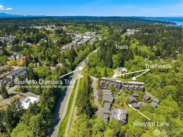 Looking north in this photo, you’ll see Vineyard Land also enjoys easy access to the many amenities found at High School Road – restaurants, groceries, drugstores, hardware store, doctors’ offices, and much more are only 1/2 mile to the north via the same nicely paved trail. In addition to the lush, private grounds, residents have direct access to groomed trails through a gorgeous forested ravine filled with birdsong by day and barred owl hoots by night.